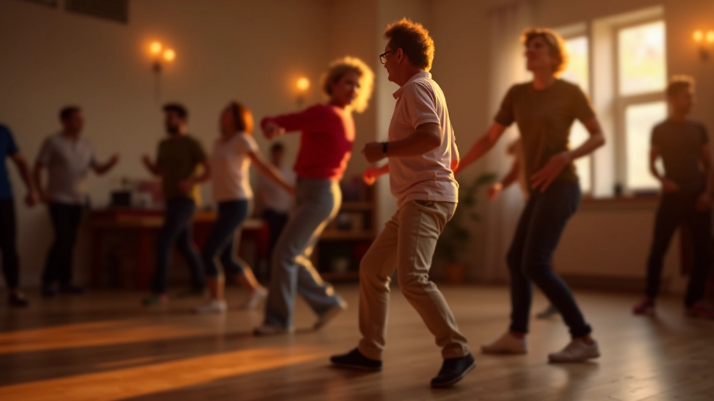 Older adults dancing together in a studio with warm lighting and wooden floor