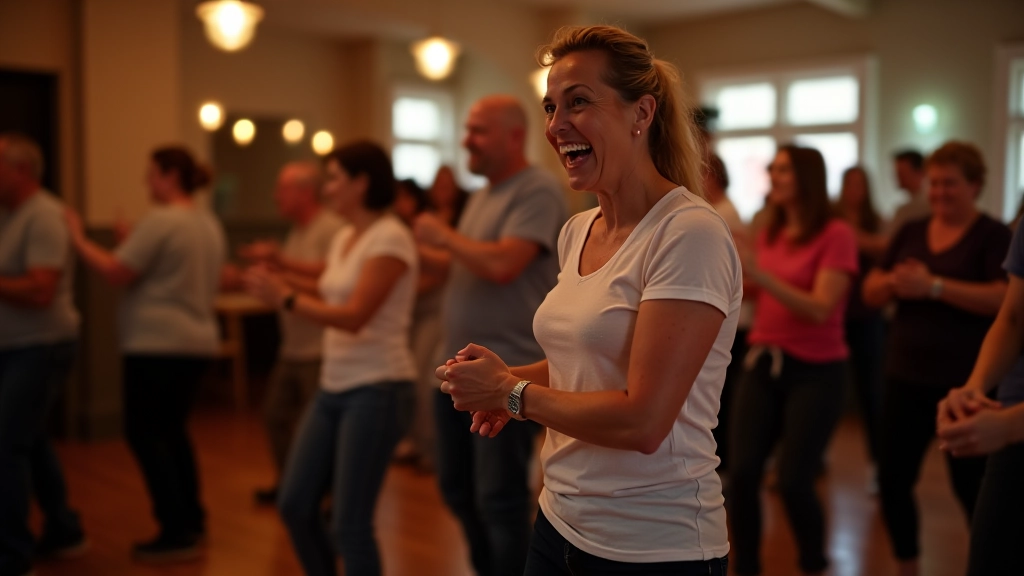 Community center in Limerick with adults dancing salsa in a welcoming, well-lit space with supportive atmosphere