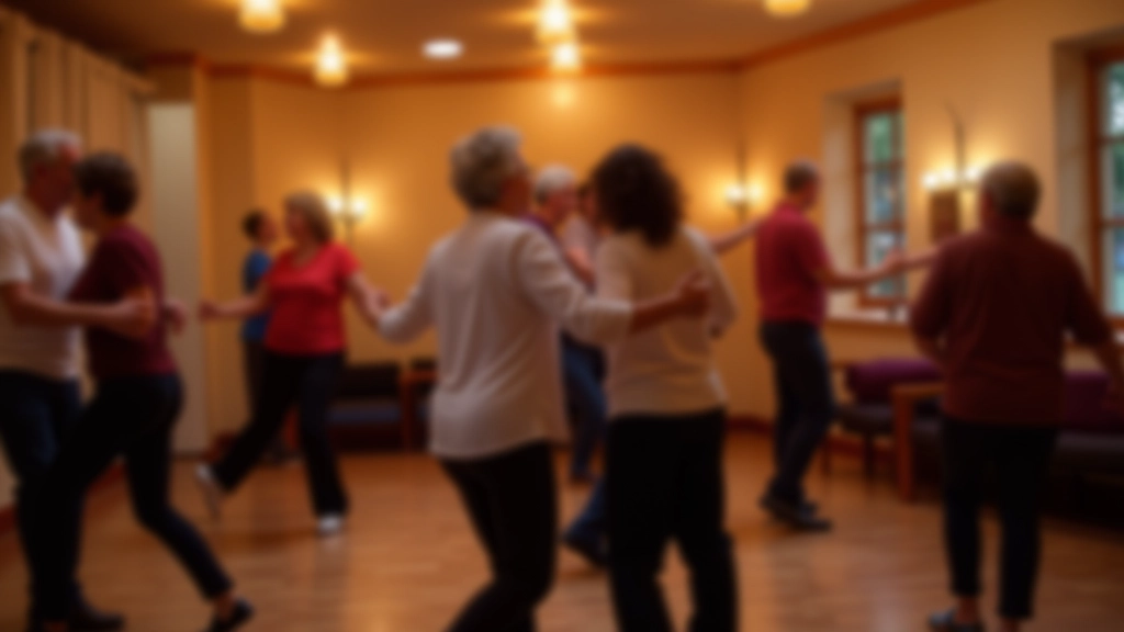 Community dance gathering in Cork with adults aged 45-60 dancing salsa, warm lighting, community center setting with welcoming atmosphere