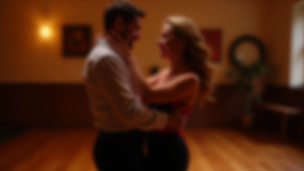 Close-up of couple dancing bachata, showing body connection and hip movement, warm studio lighting, focus on posture and frame