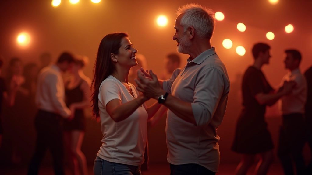 Two dance partners moving together with synchronized movement and good connection on a social dance floor