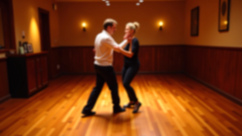 Vibrant dance studio in Dublin with polished wooden floors, warm amber lighting, and dancers in motion during a social event