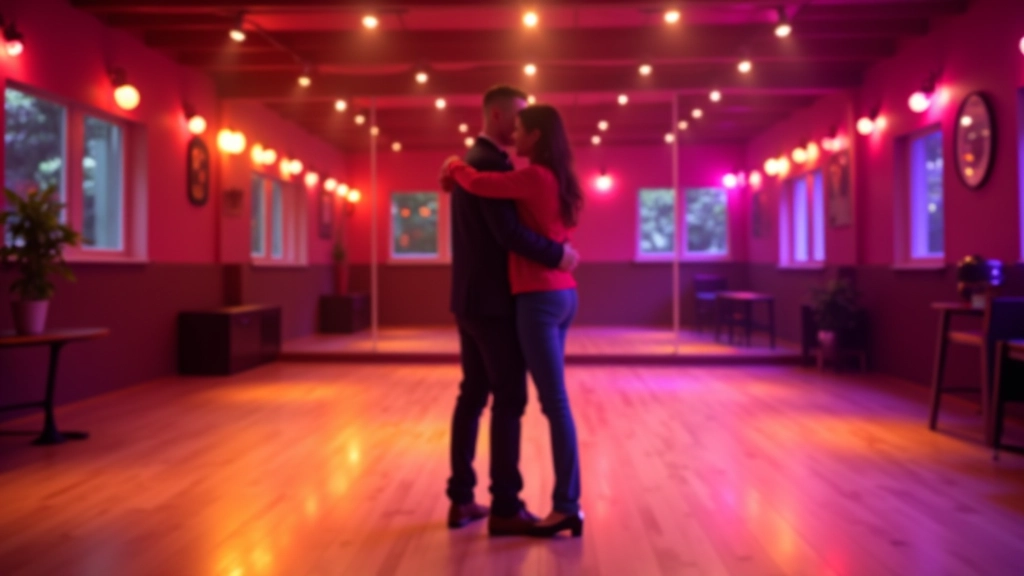 Vibrant dance floor with warm lighting, polished wooden surface, and professional dance studio ambiance