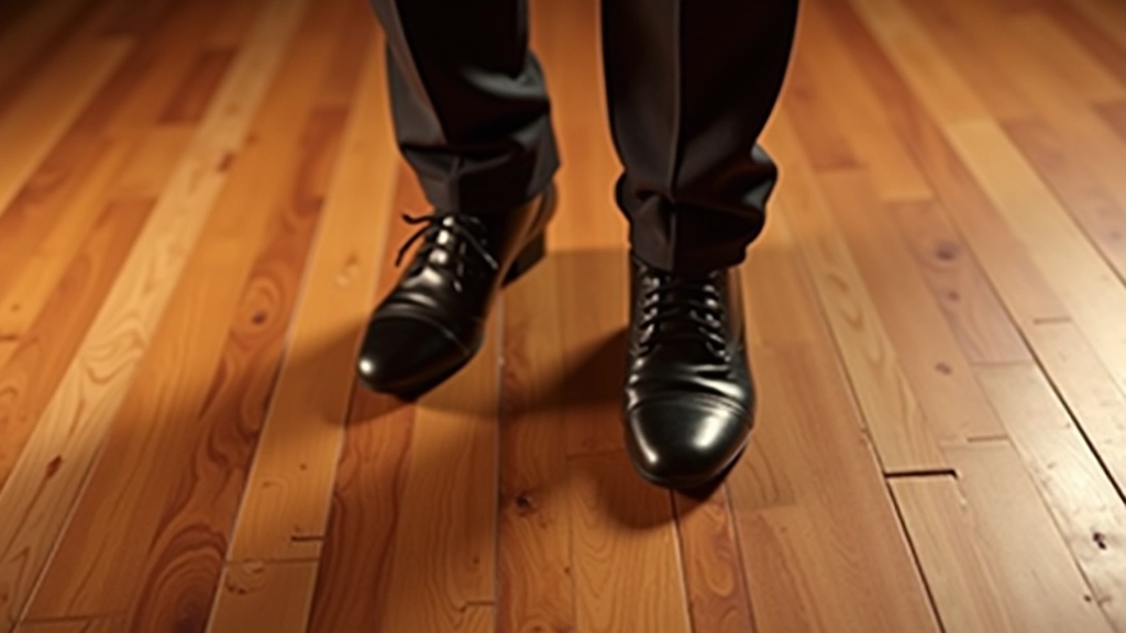 Close-up of feet demonstrating salsa basic step footwork pattern on a wooden dance floor with proper spacing