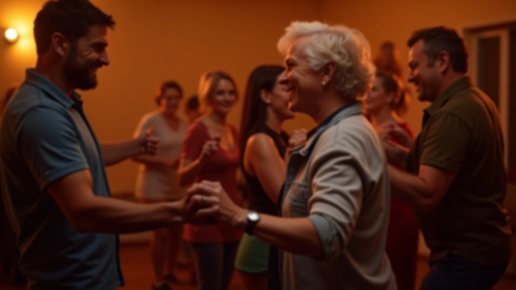 Group of adults dancing in social setting, warm ambient lighting, happy expressions, diverse age group enjoying the event