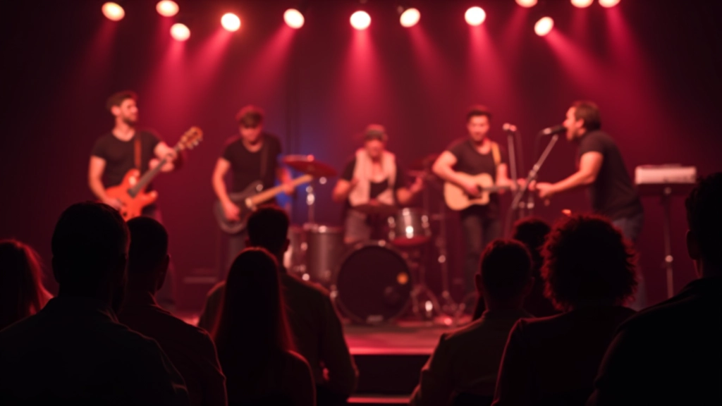 Live salsa band performing with musicians playing drums, horns, and percussion instruments on stage with audience watching