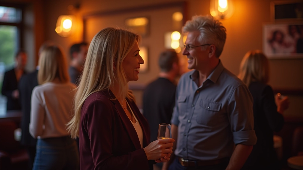 Group of people socializing and laughing at a dance venue with casual seating