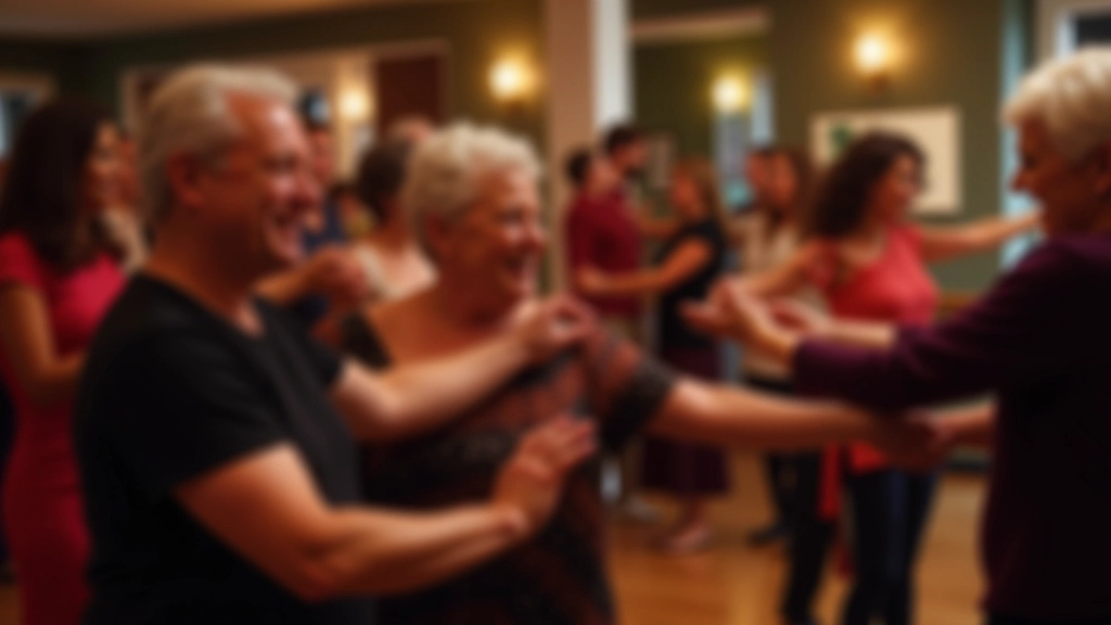 Diverse group of mature adults participating in an energetic salsa class together