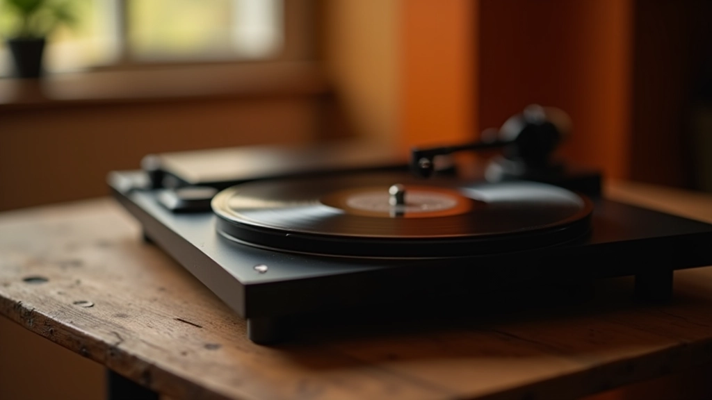 Vinyl record and headphones on wooden surface, showing music theme, warm natural lighting from window, sharp focus on details