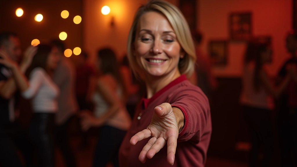 Two people at a social dance venue, one confidently extending a hand to ask the other to dance